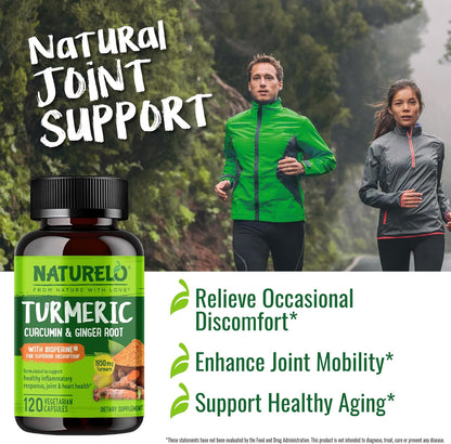 NATURELO Turmeric Curcumin - BioPerine for Better Absorption - Black Pepper, Ginger Root, Curcuminoids - Plant-Based Joint Discomfort Support - 120 Vegan Capsules