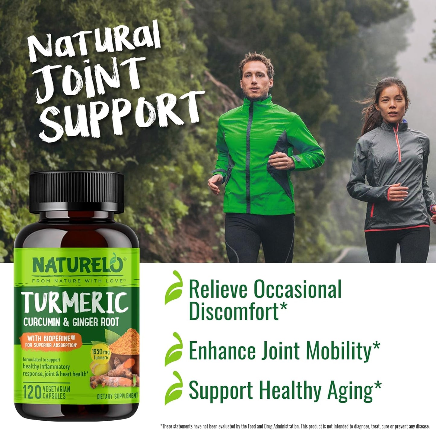 NATURELO Turmeric Curcumin - BioPerine for Better Absorption - Black Pepper, Ginger Root, Curcuminoids - Plant-Based Joint Discomfort Support - 120 Vegan Capsules (Pack of 2)