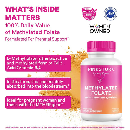 Pink Stork Folate: Methyl Folate - MTHFR Acid, Natural Form of Folic Acid for Pregnancy, Formulated for Mom + Baby, Women-Owned, 60 Capsules (Packaging May Vary)