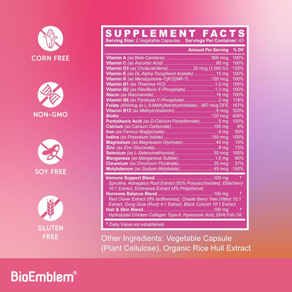 BioEmblem Women's Multivitamin - 21 Active Vitamins & Minerals - 90 Caps | Complete Daily Multi With Vitamin A, B12, B6, D3, Magnesium & Veggie Blends For Immunity, Energy, Hair, & Skin Support