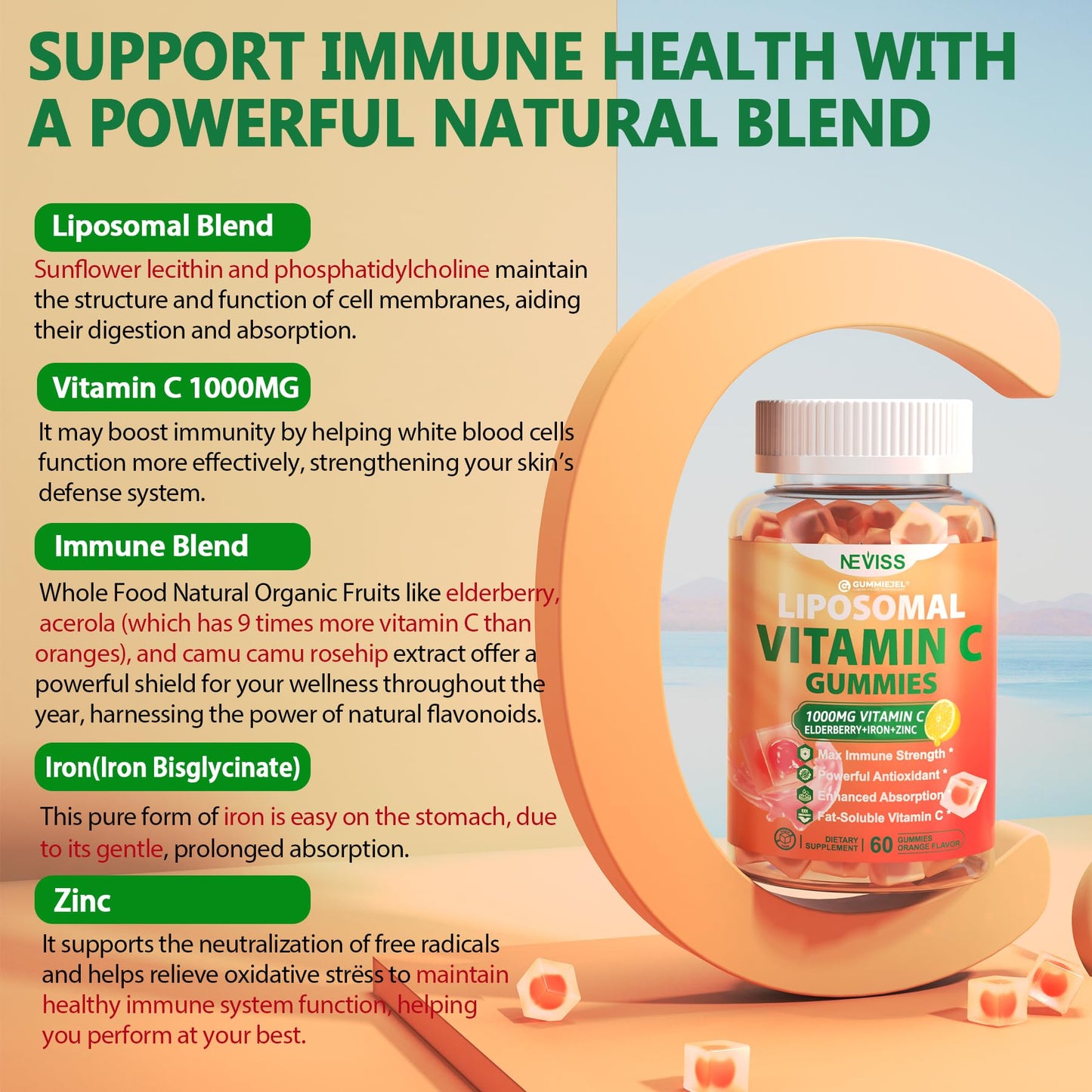 Liposomal Vitamin C 1000mg Gummies for Adults - Vitamin C Chewable with Elderberry, Zinc & 8mg Iron, Sugar Free Vit C Supplements, Daily Immune Support Gummies for Energy, Collagen Booster 60 Counts