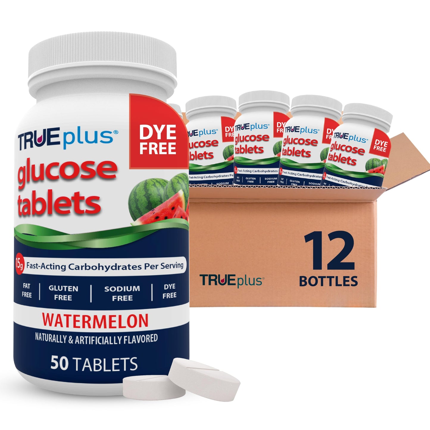 TRUEplus Glucose Tablets, Grape, Raspberry, Orange Flavors, 50 Count | Chewable Tablets, 15g Fast-Acting Carbohydrates, Fat Free, Gluten Free, Boosts Energy, Great Tasting and Easy to Use