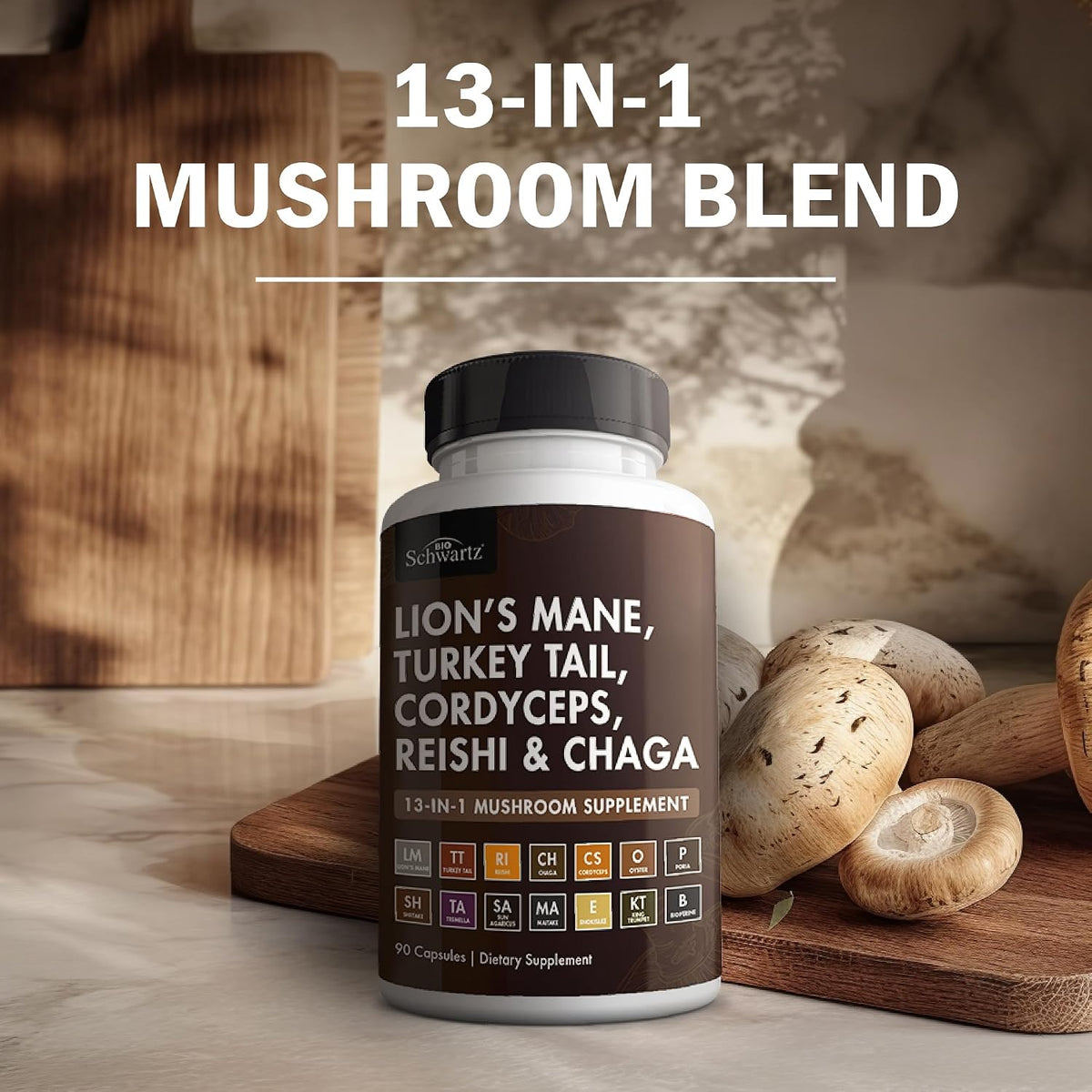 BioSchwartz 13-in-1 Mushroom Complex Capsules with Bioperine, 90 Count
