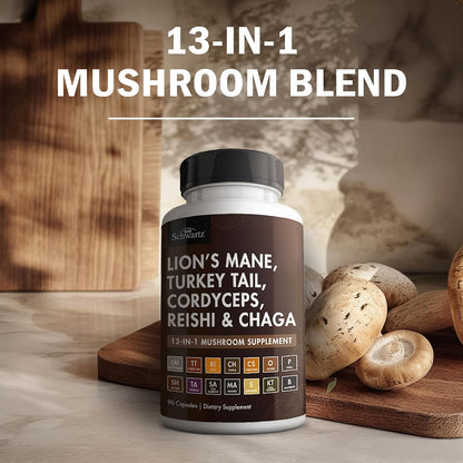 BioSchwartz 13-in-1 Mushroom Complex Capsules with Bioperine, 90 Count