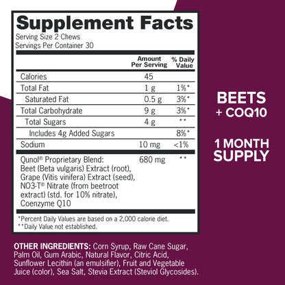 Qunol Beets Chews for Blood Pressure Support, 3 in 1 Beets + CoQ10 + Grape Seed Extract