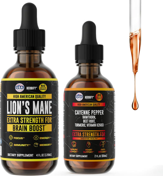 HERBIFY Bundle - Lions Mane & Cayenne Pepper Drops - Supplement for Memory, Focus & Clarity & Immune Support, Detox and Digestion Support