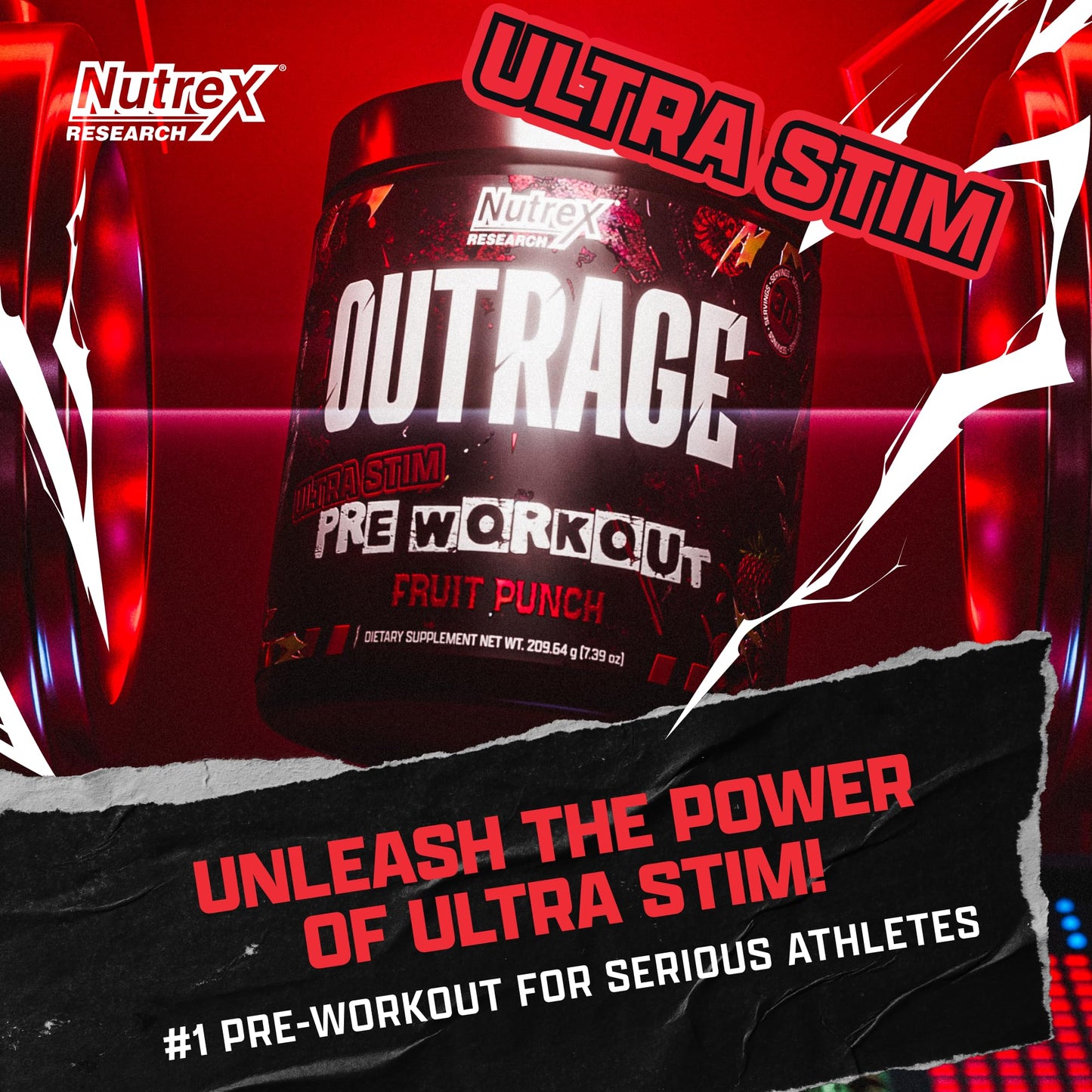 Outrage Ultra HIGH STIM Pre-Workout Powder for Men | 400mg Caffeine, L-Citrulline, Beta-Alanine, Creatine | Extreme Energy, Focus, Strength & Endurance (30 Servings, Strawberry Watermelon)
