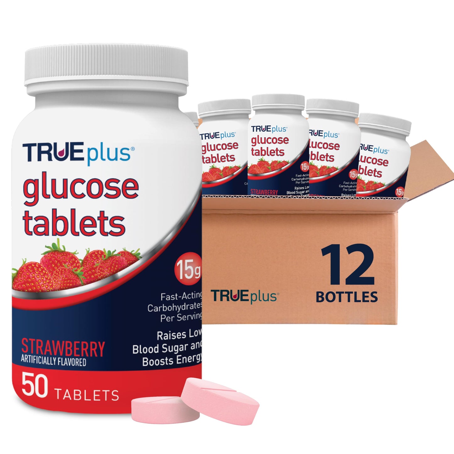 TRUEplus Glucose Tablets, Grape, Raspberry, Orange Flavors, 50 Count | Chewable Tablets, 15g Fast-Acting Carbohydrates, Fat Free, Gluten Free, Boosts Energy, Great Tasting and Easy to Use