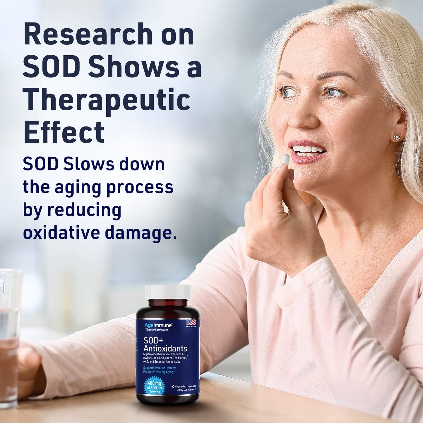SOD Antioxidants Complex Healthy Aging Supplement - 400mg of Superoxide Dismutase - Alpha Lipoic Acid - Green Tea Extract - L-Arginine - Lysine - AKG - Vitamins A and E for Immune Support-120 Capsules