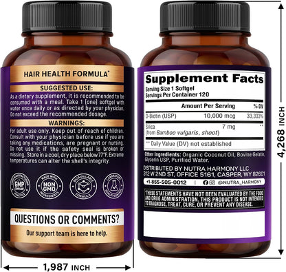 Biotin 10000 mcg with Silicon - Pharmaceutical Grade Biotin Supplement for Women - Hair Growth Support, Skin & Nails - Max Strength & 100% Bioavailability - Lab Tested - 120 Softgels, 120 Days Supply