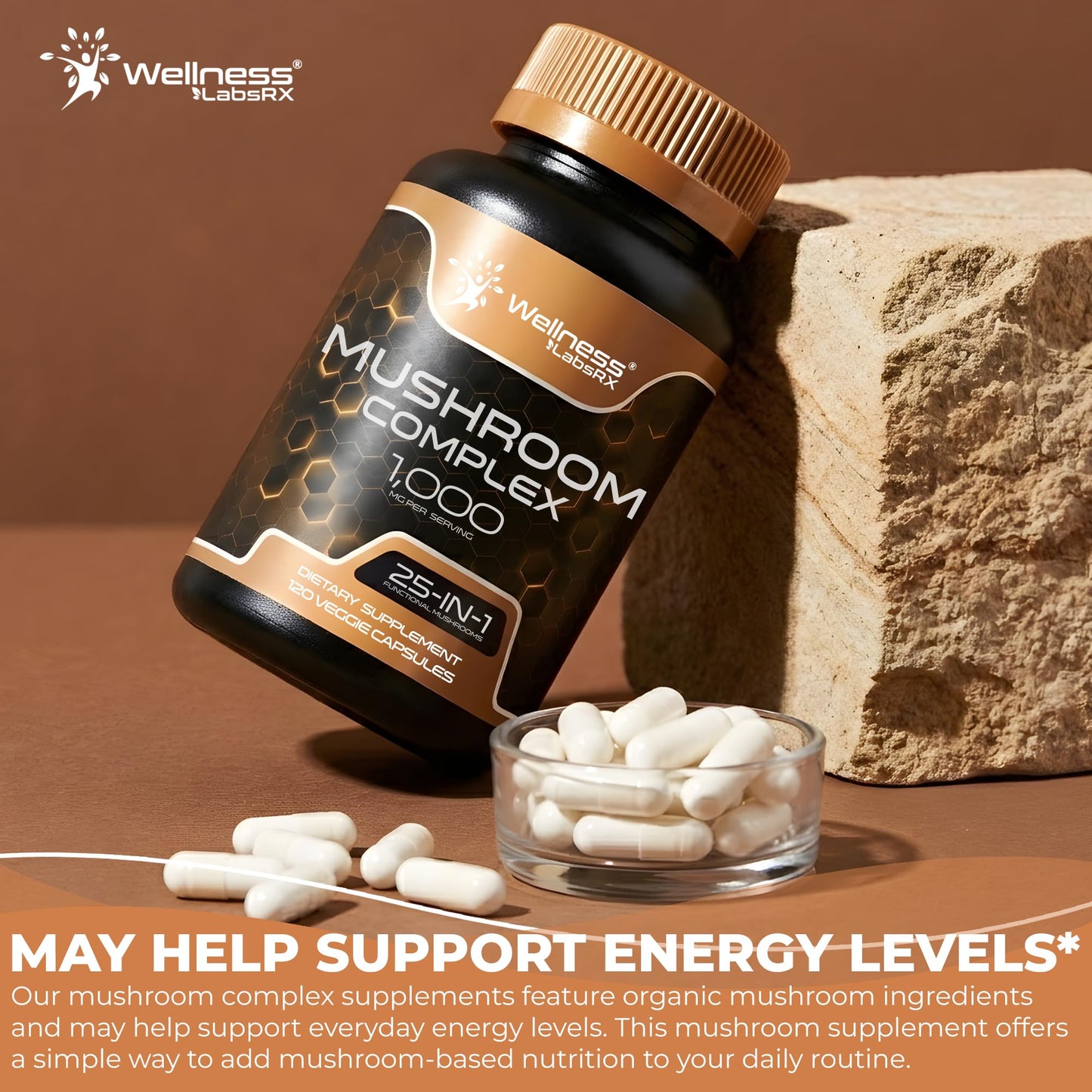 WELLNESS LABSRX Mushroom Supplement Capsules 10:1 Extract, Mushroom Complex Capsules 1000mg, Lions Mane Supplement with Turkey Tail, Cordyceps, Reishi - 120 Count