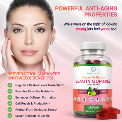 Purify Life Vegan Collagen Gummies with Biotin Vitamins for Hair Skin and Nails Health,