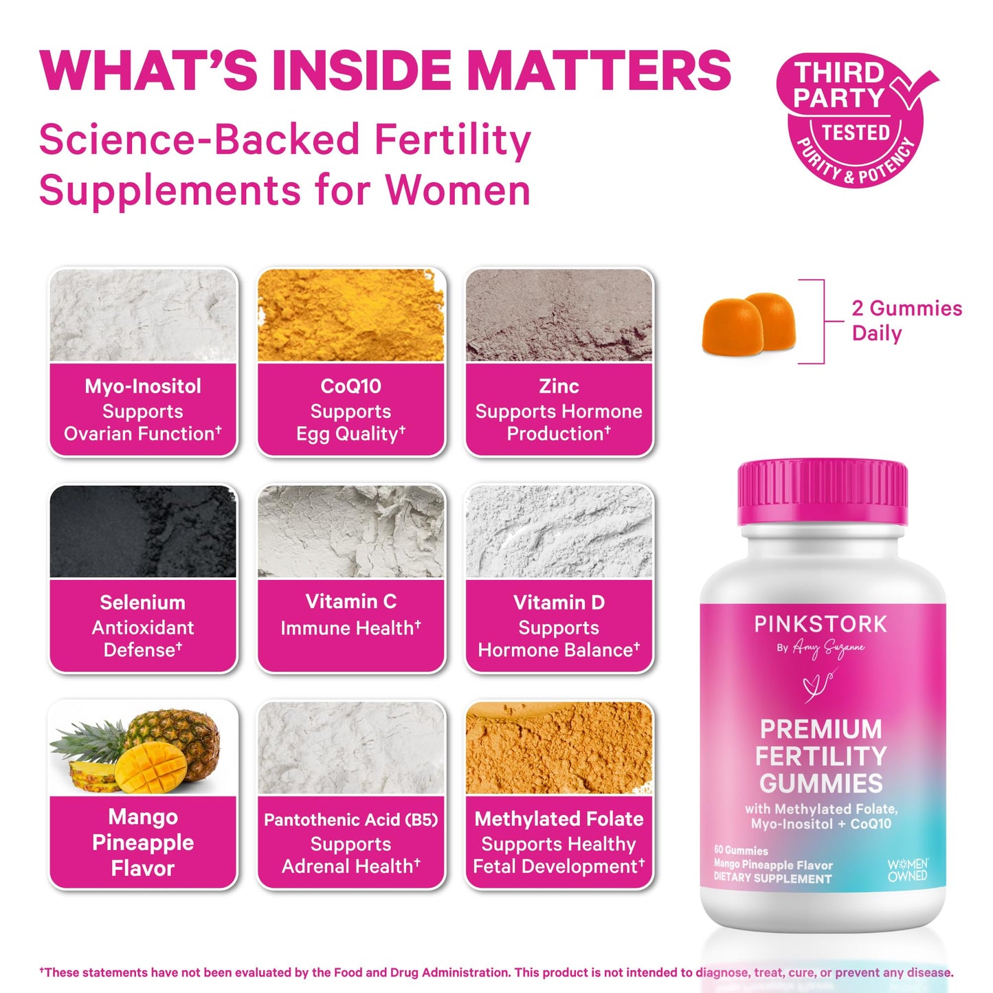 Pink Stork Fertility Gummies for Women, 60 Count | CoQ10, Myo-Inositol, Methylated Folate, Hormone Balance Support, OBGYN-Formulated