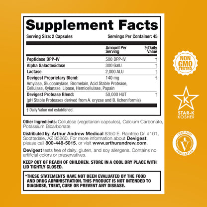 Arthur Andrew Medical - Devigest ADS, Advanced Digestive Support, Relief for Lactose Intolerance and Casein Sensitivities, Vegan, Non-GMO, 180 Capsules | Advanced Digestive Support, Relief For Lactose, Gluten, & Dairy Intolerance, & Casein Sensitivities,