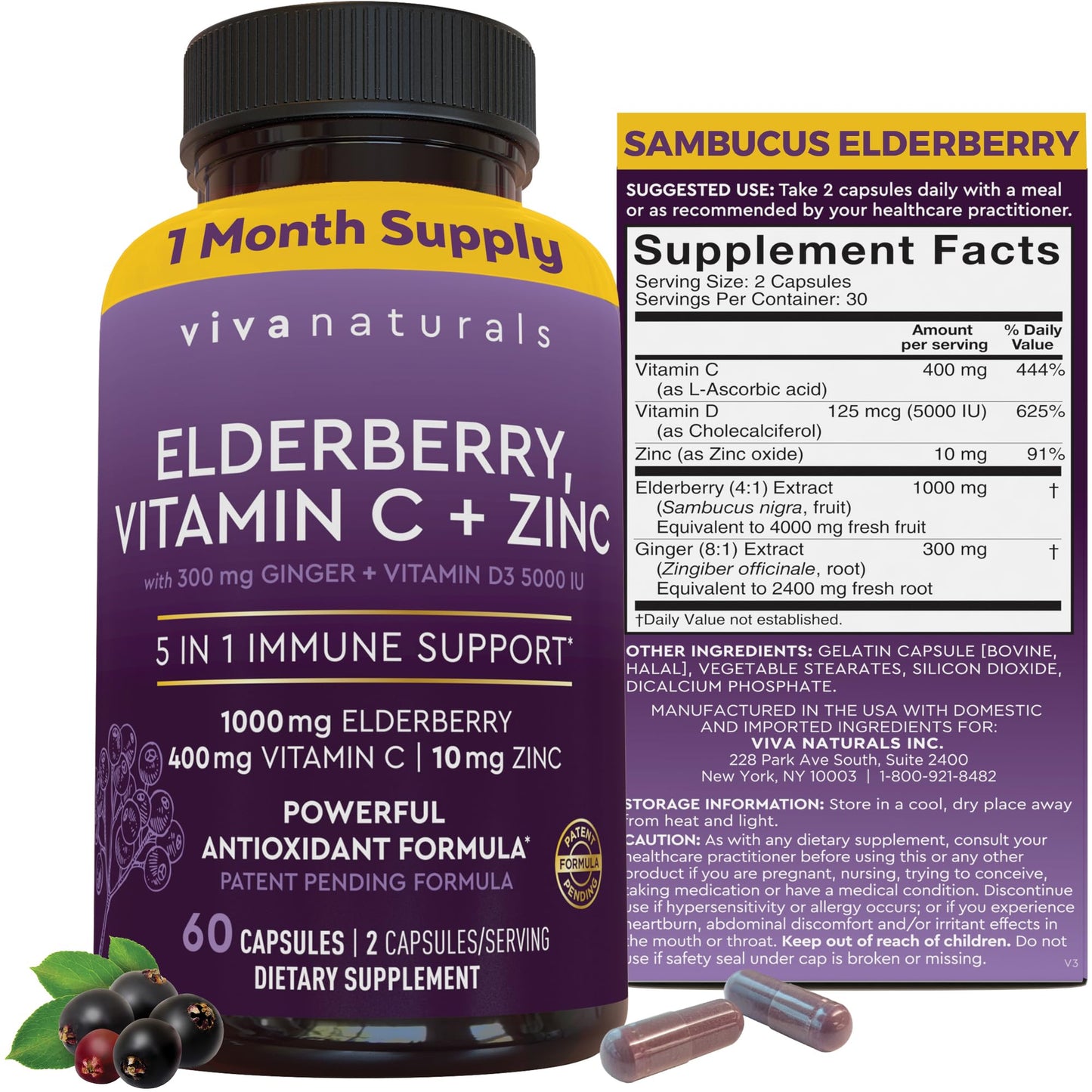 Viva Naturals Elderberry with Vitamin C and Zinc for Adults - 5 in 1 Sambucus Black Elderberry Capsules with Vitamin D3 5000 IU Immunity Supplement, Sambucus Elderberry Immune Support Supplement