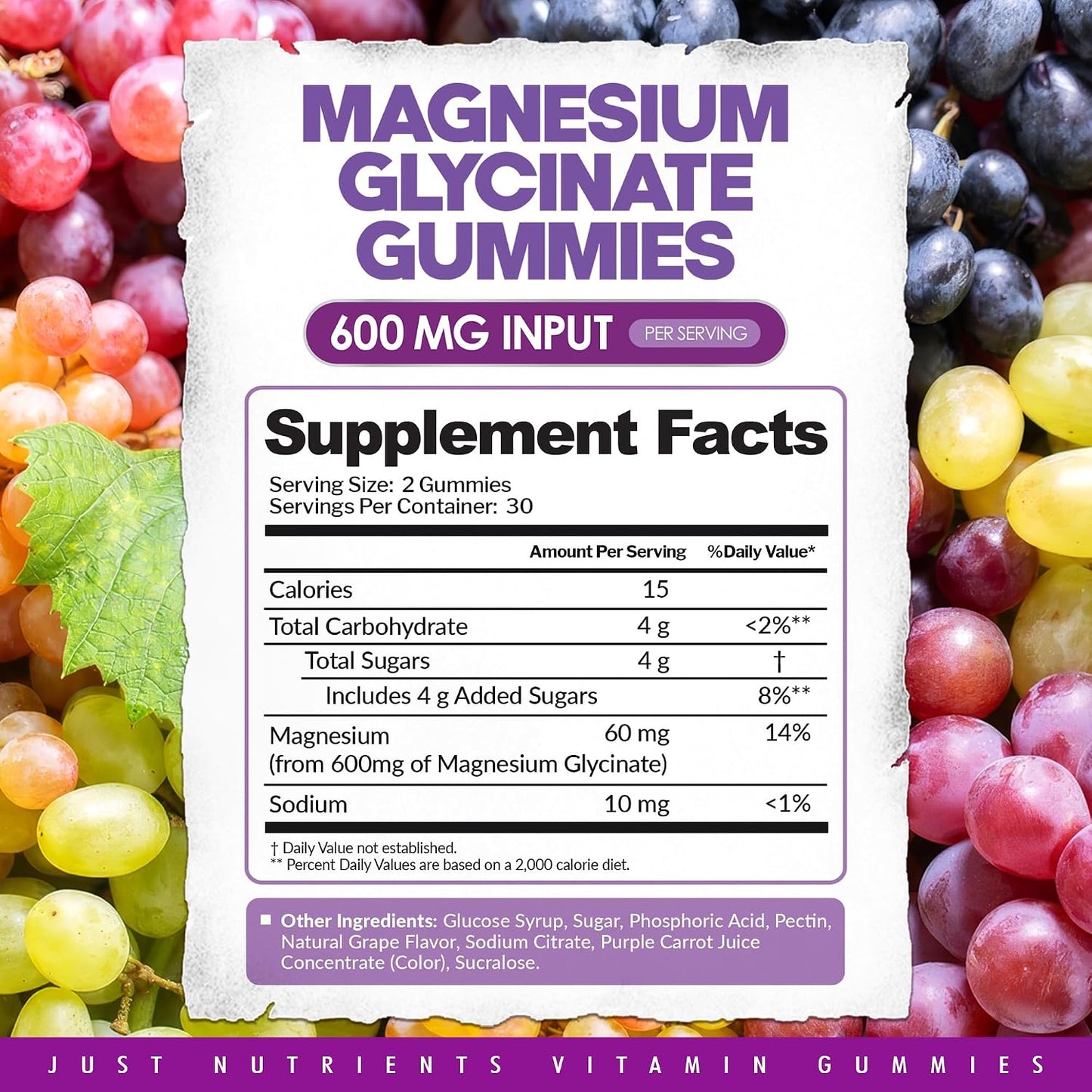 Magnesium Glycinate 600mg Gummies | Support for Sleep, Nerves, Immunity, Heart, Bones & Digestion - Natural Grape Flavor - 60 count