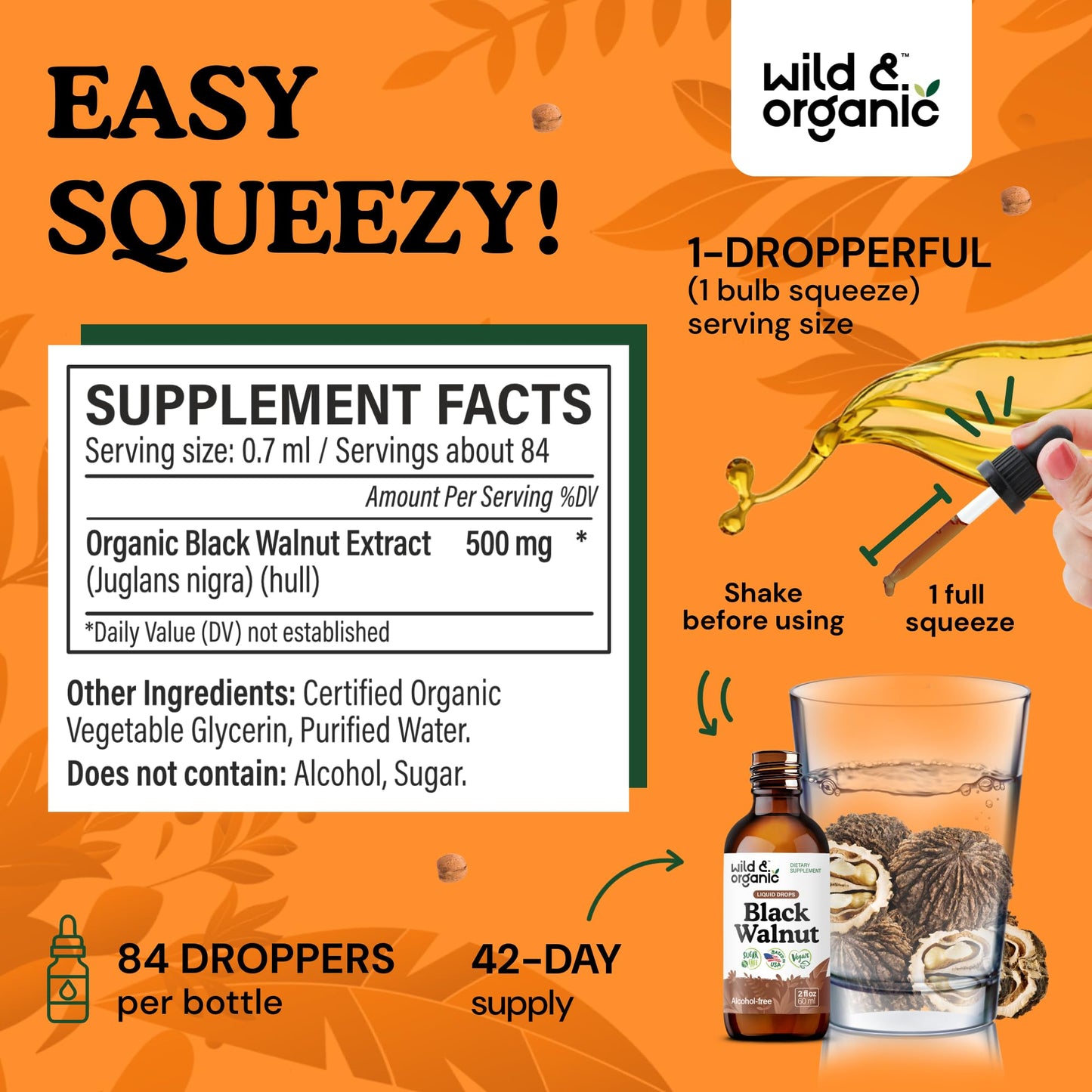 Wild & Organic Black Walnut Hull Tincture - Cleanse & Gut Support - Black Walnut Extract Supplement - Fast Absorption Liquid Drops - Add to Tea & Mix with Powder - Without Alcohol & Sugar - 4 fl oz