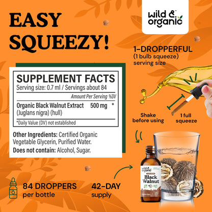 Wild & Organic Black Walnut Hull Tincture - Cleanse & Gut Support - Black Walnut Extract Supplement - Fast Absorption Liquid Drops - Add to Tea & Mix with Powder - Without Alcohol & Sugar - 4 fl oz