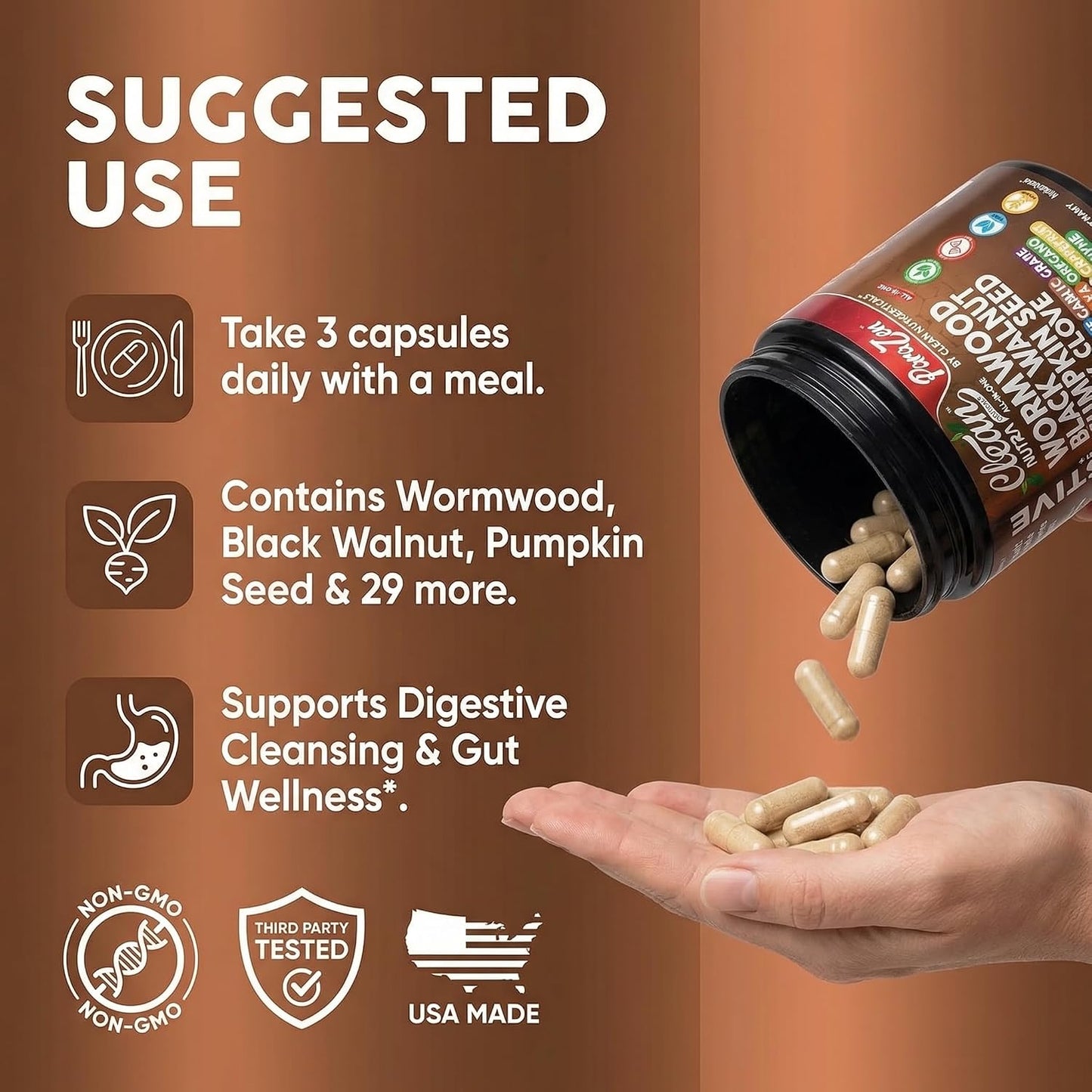 Clean Nutra Wormwood Black Walnut Pumpkin Seed Clove Oil Celery Garlic Grape Papaya Neem Diatomaceous Earth Womens Probiotic Gut Health Cleanse Detox Oregano Olive Turmeric Supplement Vegan Capsules