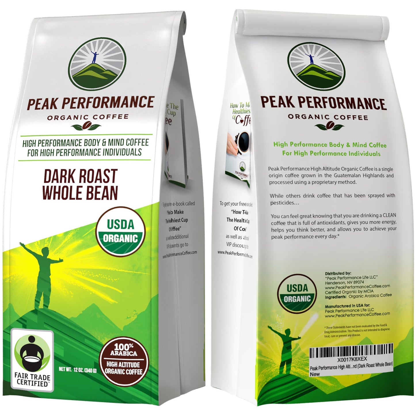 Peak Performance High Altitude Organic Coffee - Fair Trade, Low Acid, Non GMO, and Beans Full of Antioxidants - Medium Roast Smooth Tasting USDA Certified Organic Ground Coffee Bag 12 oz