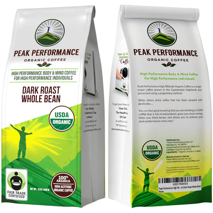 Peak Performance High Altitude Organic Coffee - Fair Trade, Low Acid, Non GMO, and Beans Full of Antioxidants - Medium Roast Smooth Tasting USDA Certified Organic Ground Coffee Bag 12 oz