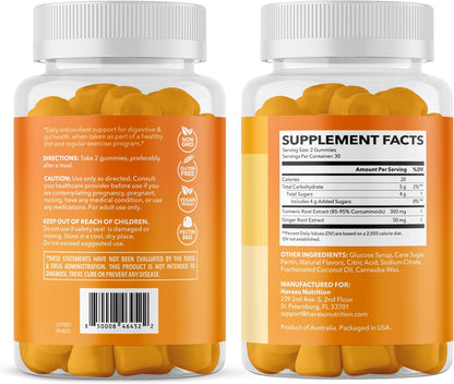 Turmeric Gummies, Peach, 60ct, Digestive & Immune Support for Wellness | Turmeric Gummies with Ginger Root Extract, Digestive Health & Immune Support for Overall Wellness, 1 Month Supply