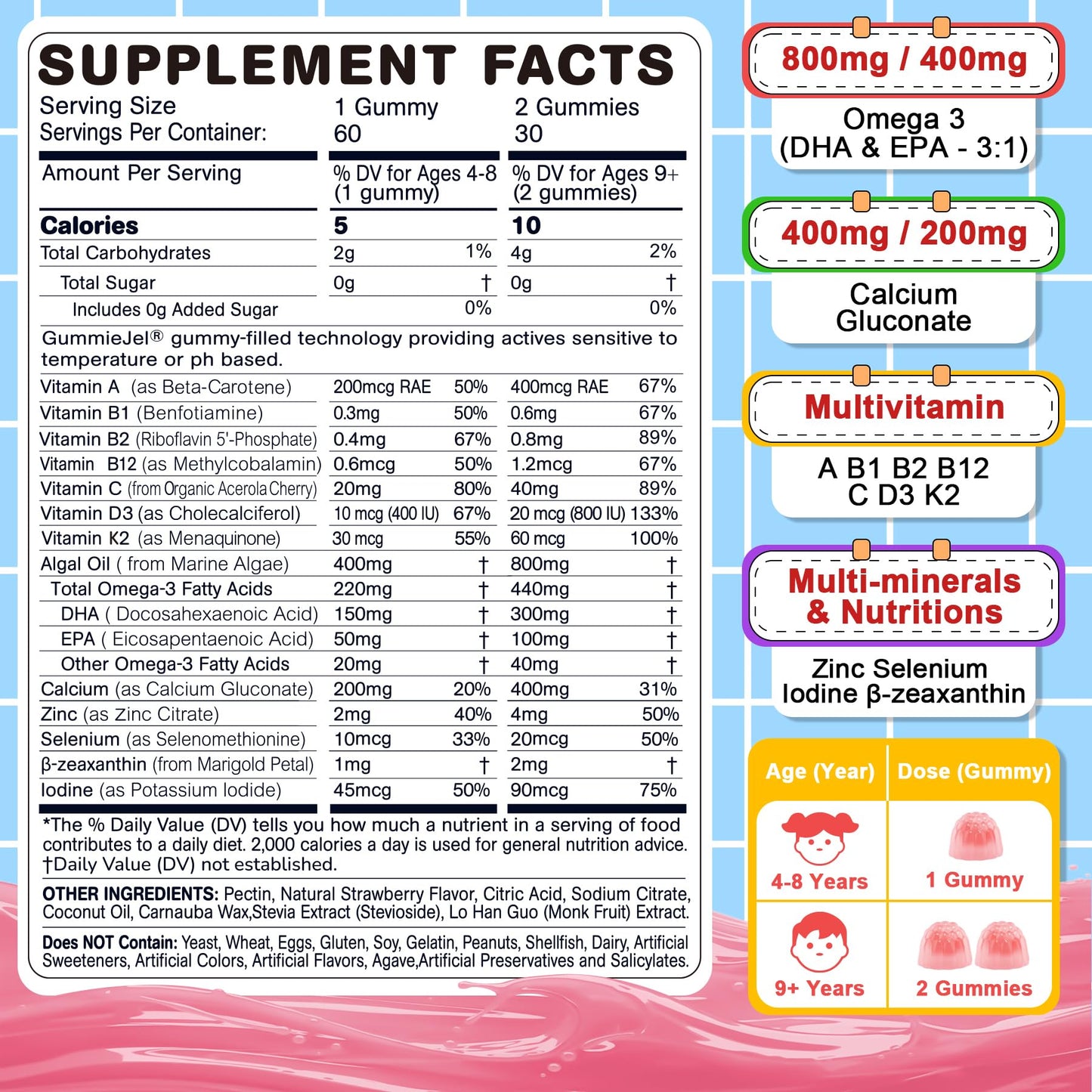 Nextdia Omega 3 (EPA/DHA) Filled Gummies for Kids Teen with Multivitamin, Calcium + D3 + K2 + Zinc, Plus Vitamin A B1 B2 B12 C, Selenium, Iodine for Brain, Eye, Bone, Energy, No Fish Taste, Sugar Free