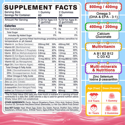 Nextdia Omega 3 (EPA/DHA) Filled Gummies for Kids Teen with Multivitamin, Calcium + D3 + K2 + Zinc, Plus Vitamin A B1 B2 B12 C, Selenium, Iodine for Brain, Eye, Bone, Energy, No Fish Taste, Sugar Free