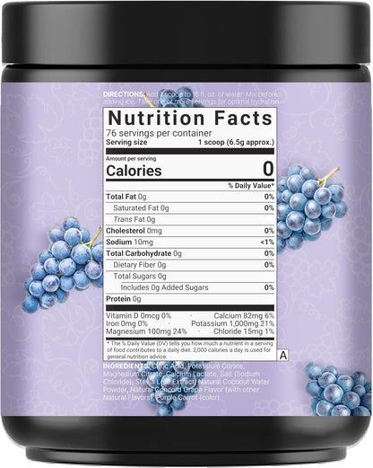 NatureBell Electrolytes Powder No Sugar, 500g (76 Servings) | Keto Fast Hydration Powder, Carnivore-Friendly Electrolyte – 1,000mg High Potassium, Minerals, & Coconut Water – Concord Grape Flavor