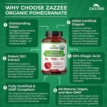 Zazzee USDA Organic Pomegranate 20:1 Extract, 50% Ellagic Acid 100 Capsules | Vegan, 3+ Month Supply, Punica Granatum, Antioxidant, Immune & Polyphenol Support, All-Natural, Non-GMO, Made in the USA
