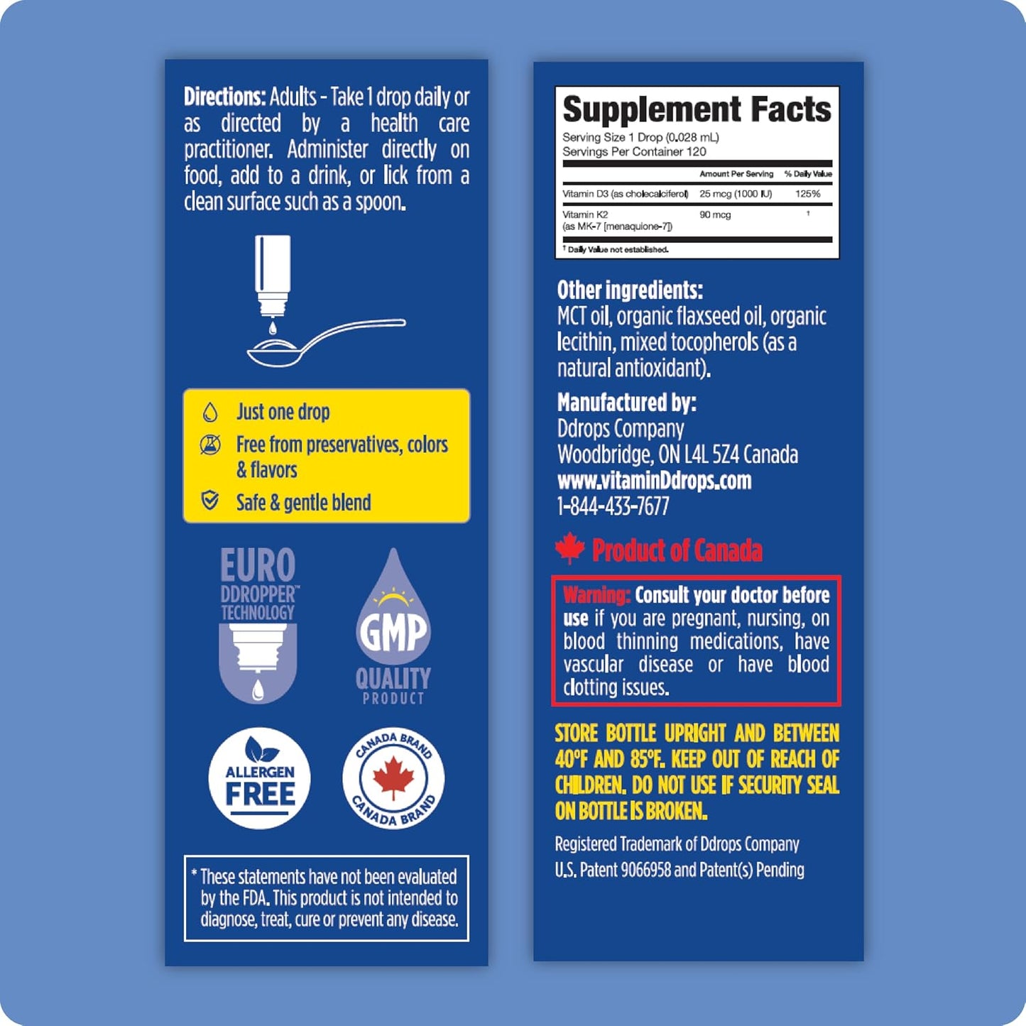 Ddrops Adult Bone Health 1000 IU Vitamin D3 + 90 mcg K2-120 Drops - Helps Maintain and Build Strong Bones and Teeth. No Artificial Preservatives, No Sugar, Non-GMO, Allergy-Friendly