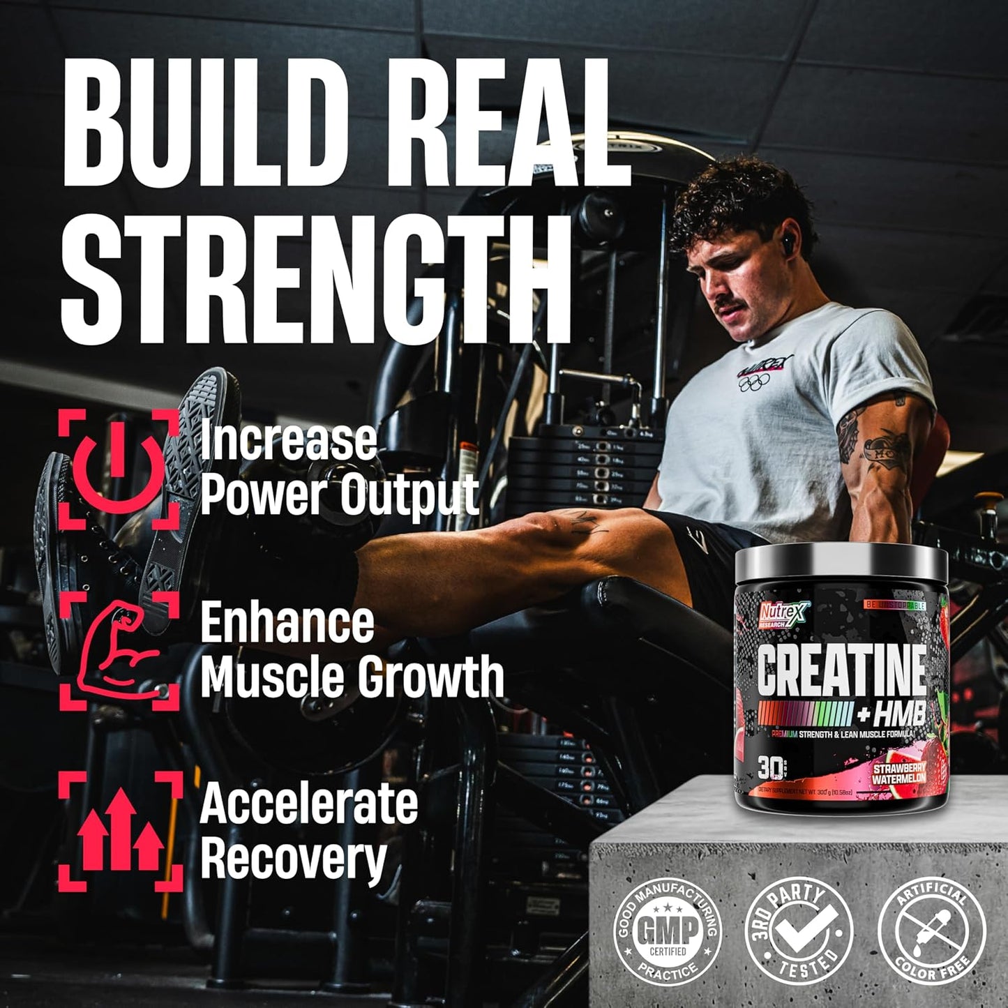 Nutrex Research Creatine HMB Powder - Creatine Monohydrate Powder with HMB for Muscle Growth, Strength, Energy and Performance - Transparent Formula - Strawberry Watermelon Flavor - 30 Servings