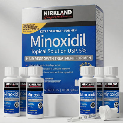 Kirkland Minoxidil for Men Liquid, Extra Strength Hair Regrowth Treatment 5%, 6 Months Supply - Upgraded Dropper Applicator and Bonus Free Guide Included