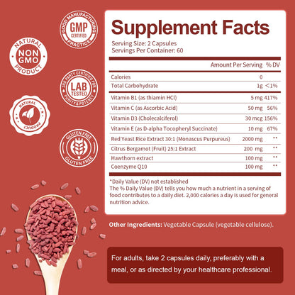 Totaria Red Yeast Rice 2,000mg with CoQ10 Supplement - Advanced Healthy Heart & Healthy Cholesterol Levels - Citrinin Free Extract Red Yeast Rice Capsules Plus Citrus Bergamot - Vegan, Non-GMO