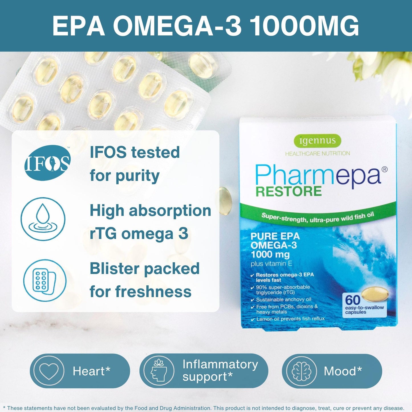 Igennus Pharmepa Restore, Pure EPA 1000mg, IFOS Certified, 90% High Concentration, rTG Omega-3 for High Absorption, Triple Strength, Wild Fish Oil, 60 Softgels