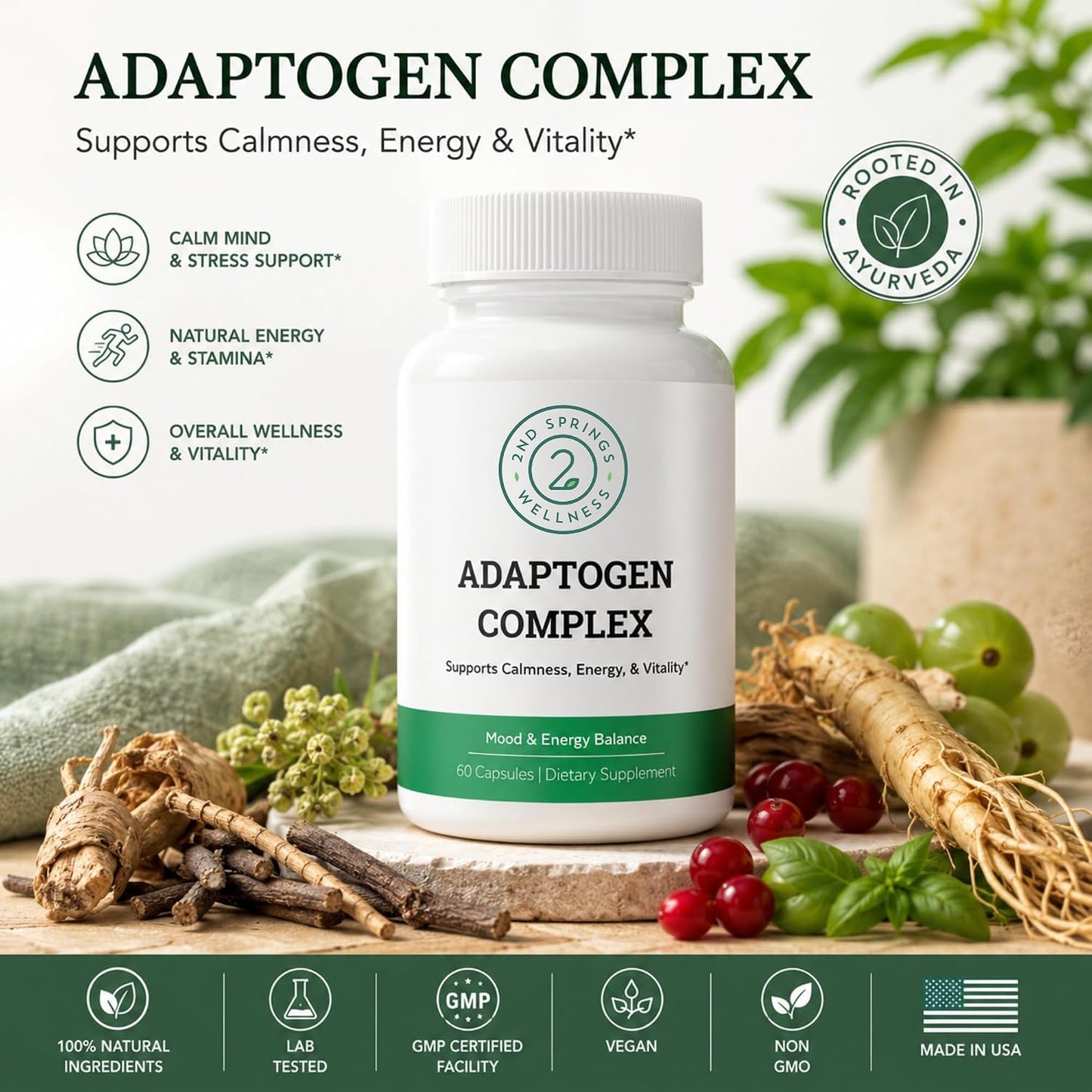 Adaptogen Complex Calmness, Energy and Vitality Booster - Ashwagandha, Schisandra, Astragalus, Ginseng, Rhodiola, and More - Adrenal Support Supplements - 60 Ct