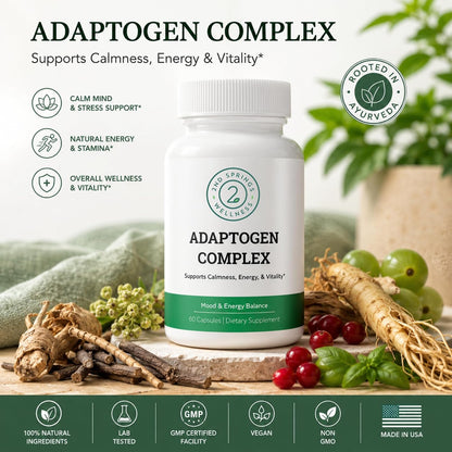 Adaptogen Complex Calmness, Energy and Vitality Booster - Ashwagandha, Schisandra, Astragalus, Ginseng, Rhodiola, and More - Adrenal Support Supplements - 60 Ct