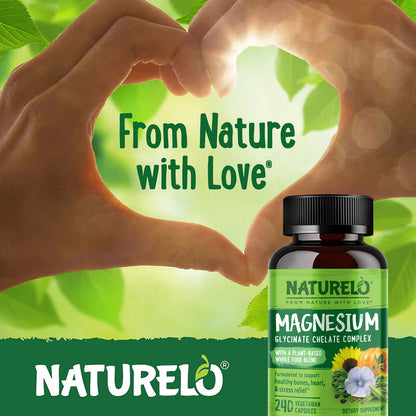NATURELO Magnesium Glycinate Chelate Complex - 200 mg Magnesium with Organic Vegetables to Support Sleep, Calm, Muscle Cramp & Stress Relief - Gluten Free, Non GMO - 120 Capsules
