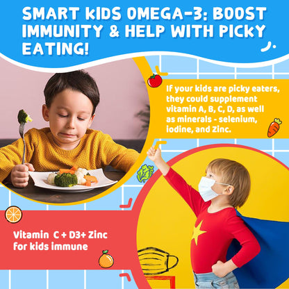 Nextdia Omega 3 (EPA/DHA) Filled Gummies for Kids Teen with Multivitamin, Calcium + D3 + K2 + Zinc, Plus Vitamin A B1 B2 B12 C, Selenium, Iodine for Brain, Eye, Bone, Energy, No Fish Taste, Sugar Free