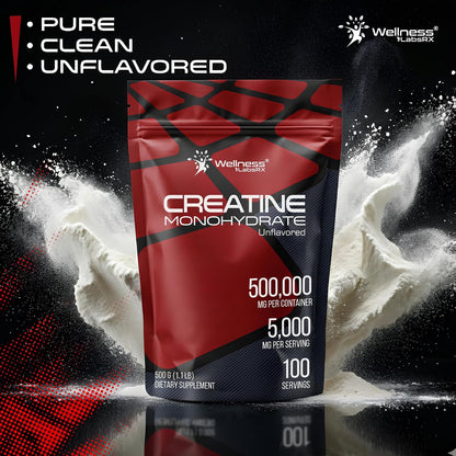 WELLNESS LABSRX Creatine Monohydrate Powder 500g – 100 Servings Micronized Creatine Powder Supplement, Unflavored Creatine for Women and Men, Supports Muscle Strength, Energy, Endurance and Workout