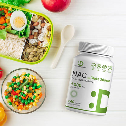DEAL SUPPLEMENT NAC Supplement (N-Acetyl Cysteine) 1,000mg Per Serving with Reduced Glutathione, 240 Capsules – Antioxidant Support for Immune Health, Lung, & Liver Function