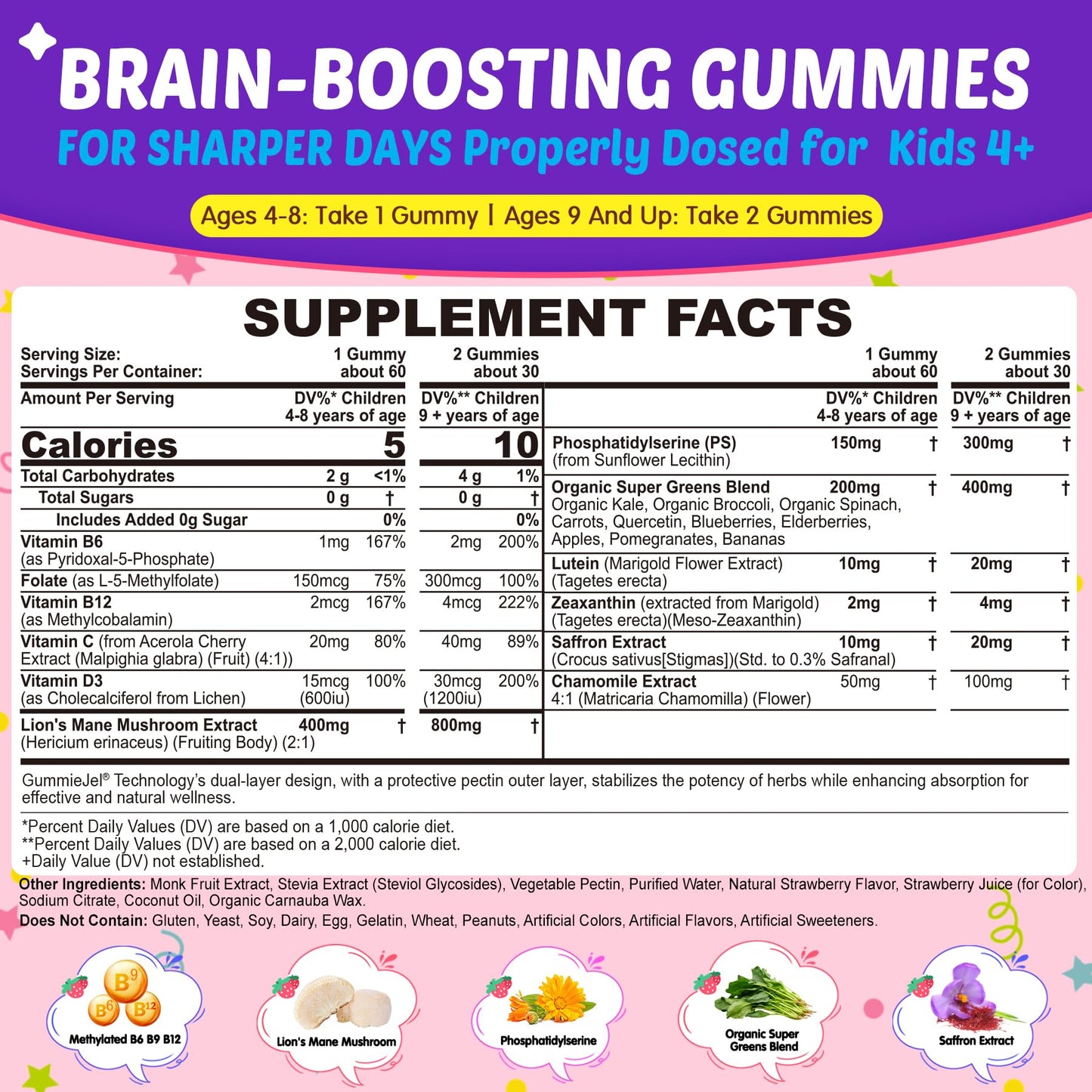 Kids Brain Gummies, Focus Supplement w/Lions Mane Mushroom, Phosphatidylserine, B6, Methyl B12 & B9, Saffron, Brain Vitamins for Focus & Attention, Cognitive, Vision, Energy, Sugar Free, Vegan, 60 Ct