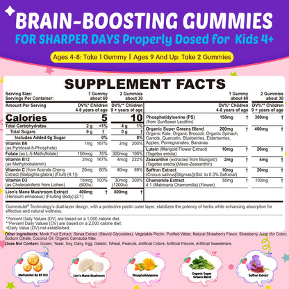 Kids Brain Gummies, Focus Supplement w/Lions Mane Mushroom, Phosphatidylserine, B6, Methyl B12 & B9, Saffron, Brain Vitamins for Focus & Attention, Cognitive, Vision, Energy, Sugar Free, Vegan, 60 Ct