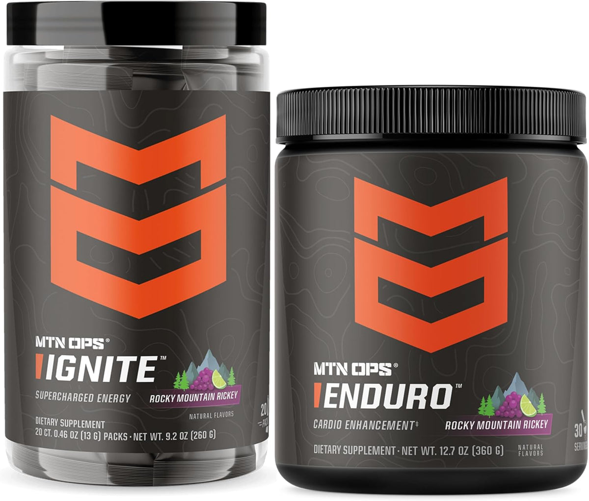 MTN OPS Ignite Trail Packs + Enduro Rocky Mountain Rickey Bundle, Portable Energy + Nitric Oxide Endurance Stack, 200mg Caffeine to-Go Packets + Stimulant-Free Performance