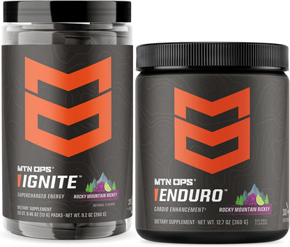 MTN OPS Ignite Trail Packs + Enduro Rocky Mountain Rickey Bundle, Portable Energy + Nitric Oxide Endurance Stack, 200mg Caffeine to-Go Packets + Stimulant-Free Performance