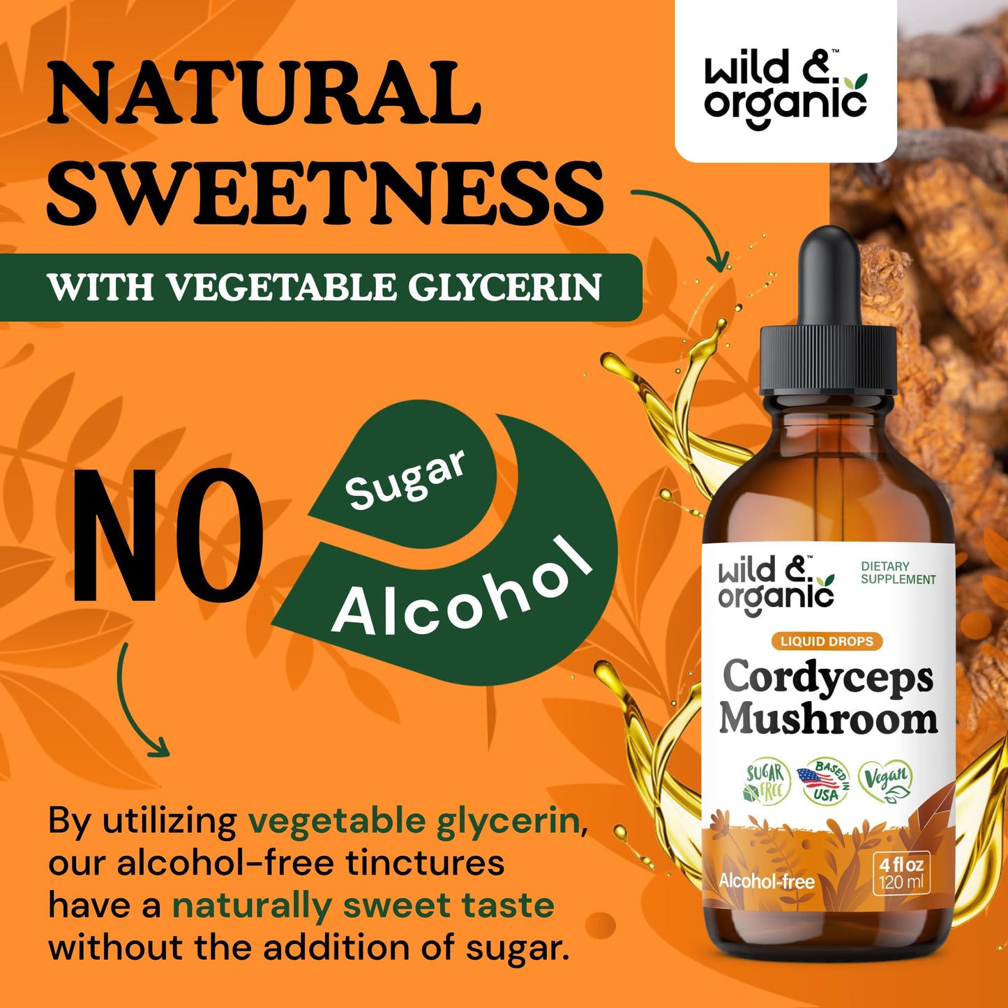 Wild & Organic Cordyceps Mushroom Tincture - Energy & Immune Support - Cordyceps Sinensis Extract Supplement - Liquid Mushroom Drops - Add to Tea & Mix with Powder - Sugar & Alcohol-Free - 4 fl oz