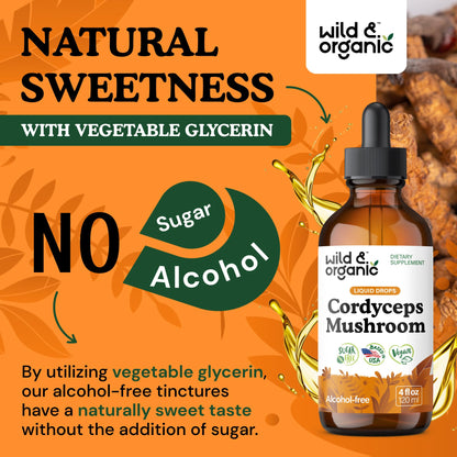 Wild & Organic Cordyceps Mushroom Tincture - Energy & Immune Support - Cordyceps Sinensis Extract Supplement - Liquid Mushroom Drops - Add to Tea & Mix with Powder - Sugar & Alcohol-Free - 4 fl oz