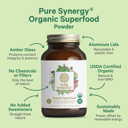 PURE SYNERGY Organic Superfood Powder | Green Superfood Powder | Whole Food Supplement with Organic Greens, Spirulina and Mushrooms | for Energy, Healthy Aging, and Immune Health (12.5 oz)