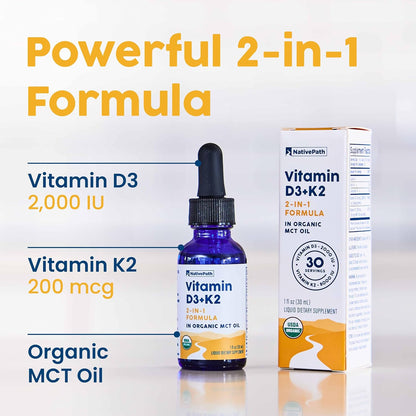 NativePath D3K2 Tincture – 2000IU Vitamin D3 and Vitamin K2 Supplement with Organic MCT Oil – 1 Fluid Ounce – Rapid Bioavailability Multi-Vitamin for Bone Strength and Total Body Wellness, 30 Servings