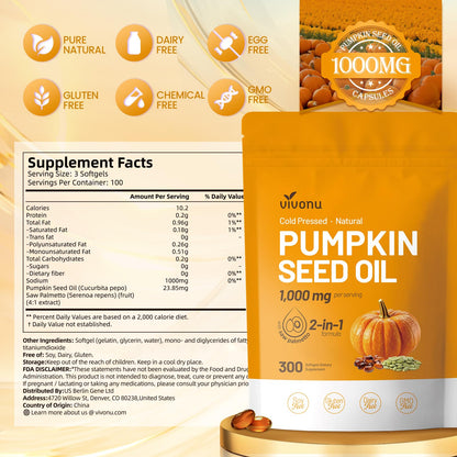 VivoNu Pumpkin Seed Oil with Saw Palmetto Capsules | Cold Pressed, Pure Virgin Oil, Essential Fatty Acids & Phytosterols | 300 SoftgelsSupports Hair, Urinary, Bladder & Prostate Health | Non-GMO